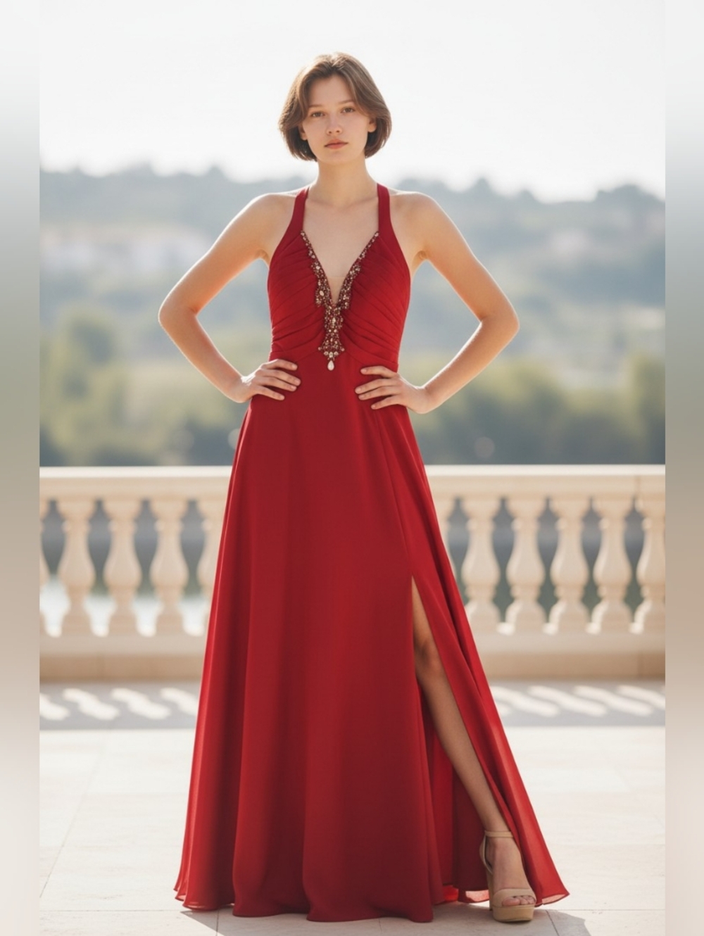 Elegant Red Halter Evening Gown with Beaded Detail Have A Tail Size 4